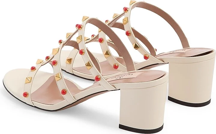 Women's Rockstud Slide 60MM Sandals in Calfskin with Cabochon Stones - Ivory Coral - Size 6 - Image 3