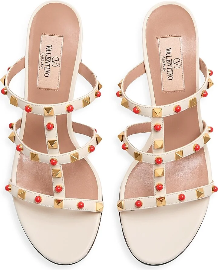 Women's Rockstud Slide 60MM Sandals in Calfskin with Cabochon Stones - Ivory Coral - Size 6 - Image 4
