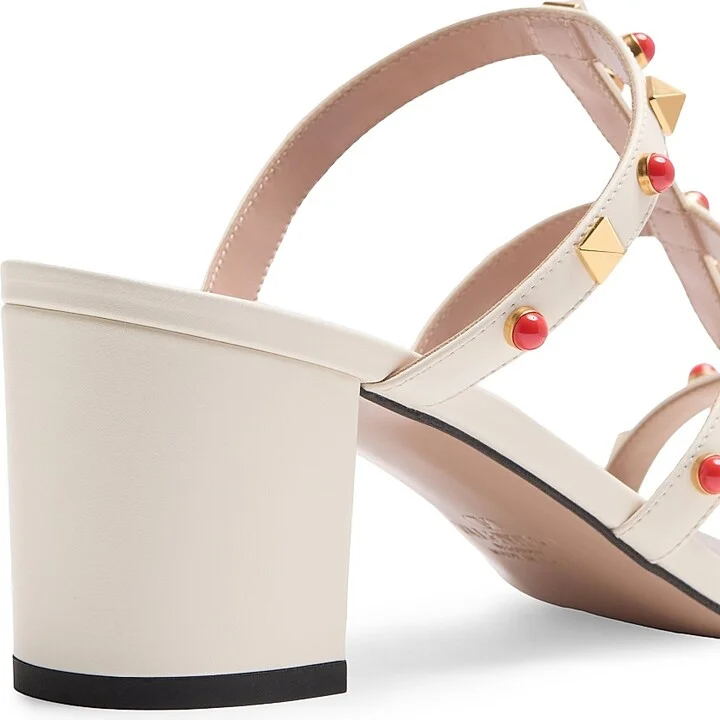 Women's Rockstud Slide 60MM Sandals in Calfskin with Cabochon Stones - Ivory Coral - Size 6 - Image 7