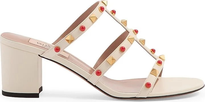 Women's Rockstud Slide 60MM Sandals in Calfskin with Cabochon Stones - Ivory Coral - Size 6