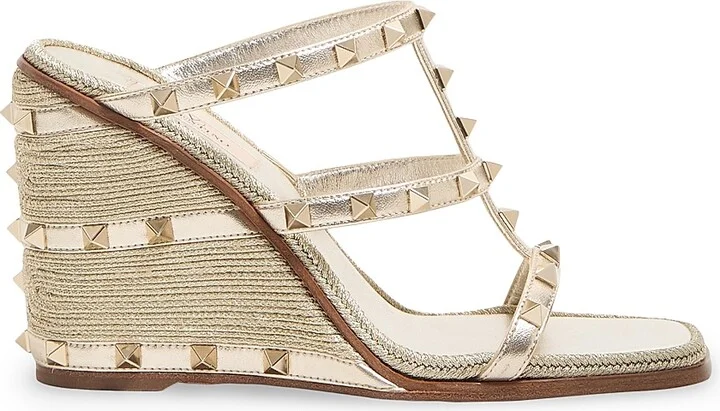 Women's Rockstud Wedge Sandals in Laminated Nappa - Platinum - Size 7