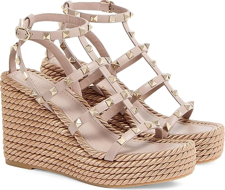 Women's Rockstud Wedge Sandals With Calfskin Straps 95MM - Poudre - Size 6 - Image 2