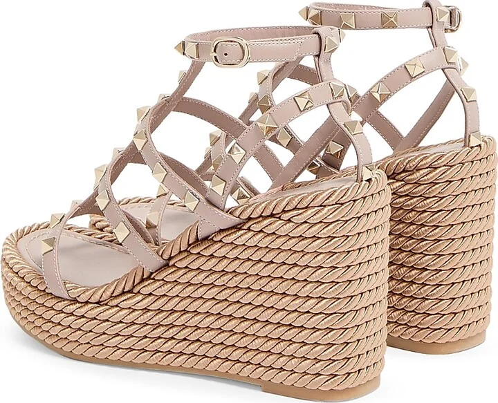 Women's Rockstud Wedge Sandals With Calfskin Straps 95MM - Poudre - Size 6 - Image 3