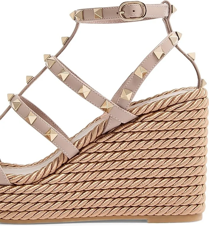 Women's Rockstud Wedge Sandals With Calfskin Straps 95MM - Poudre - Size 6 - Image 6