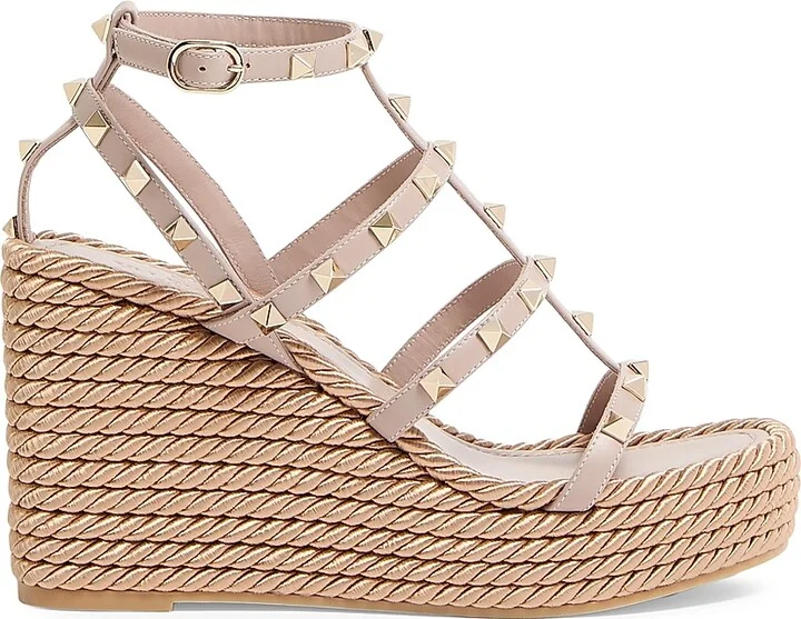Women's Rockstud Wedge Sandals With Calfskin Straps 95MM - Poudre - Size 6