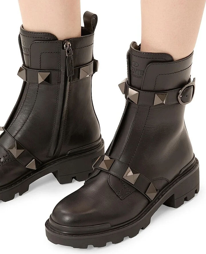 Women's Roman 40MM Stud Calfskin Combat Boots - Black - Size 5 - Image 6