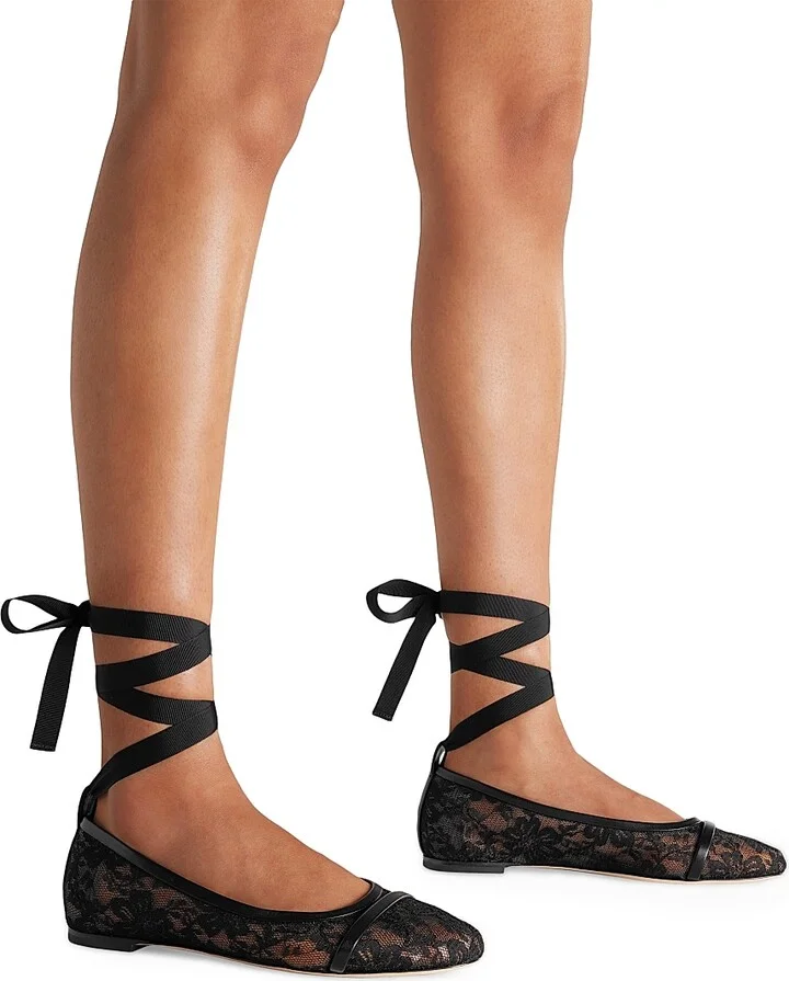 Women's Sabina Lace Flat Pumps with Ribbons - Black - Size 12 - Image 5