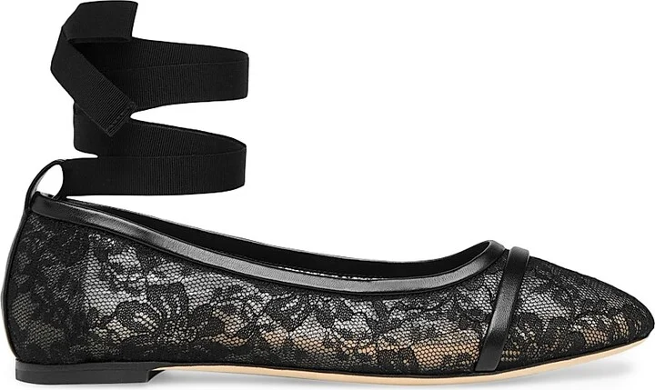 Women's Sabina Lace Flat Pumps with Ribbons - Black - Size 12