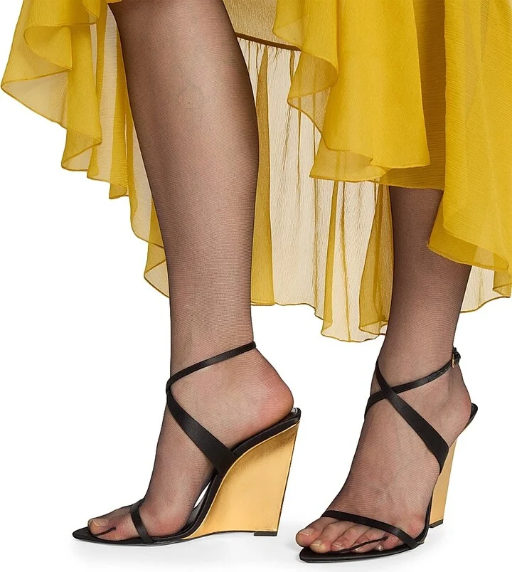 Women's Salom Wedges in Satin Crepe and Metallic Leather - Black And Sun Gold - Size 6 - Image 4