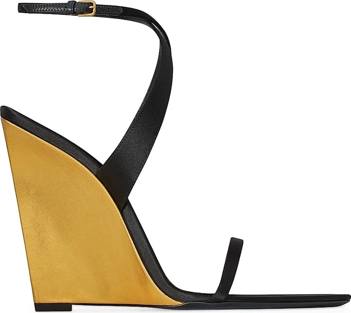 Women's Salom Wedges in Satin Crepe and Metallic Leather - Black And Sun Gold - Size 6