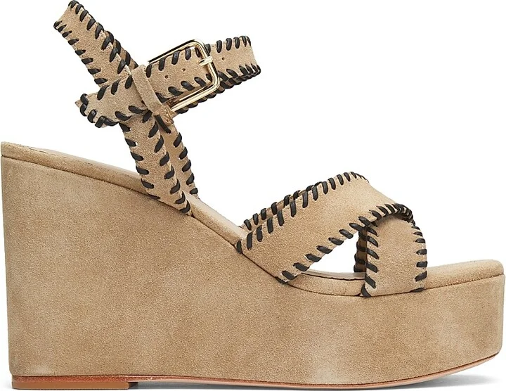 Women's Sasha Whipstitched Suede Wedge Sandals - Brown Sugar Black - Size 5