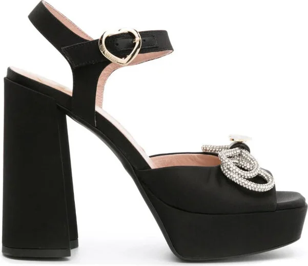 Women's Satin Rhinestone Bow Block Heel Sandals 000-Black