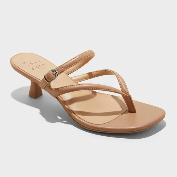 Women's Sayler Thong Heels - A New Day™ : Slip-On T-Strap, Cushioned Insole, Faux Leather, 2" Louis Heel, Open Round Toe