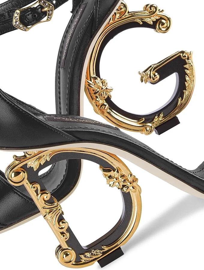 Women's Sculpted-Heel Baroque DG Leather Sandals - Black - Size 6 - Image 7