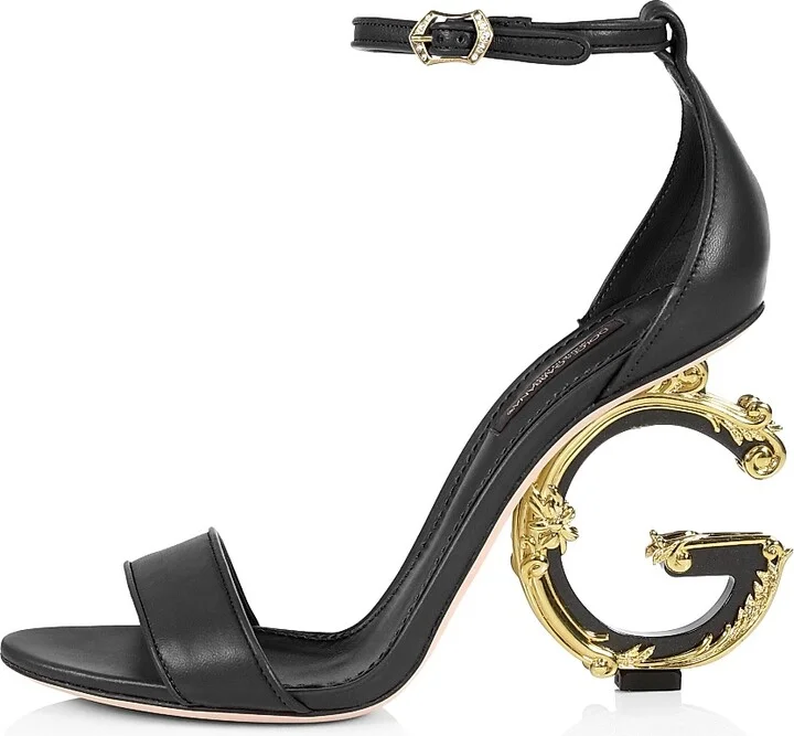 Women's Sculpted-Heel Baroque DG Leather Sandals - Black - Size 6 - Image 8