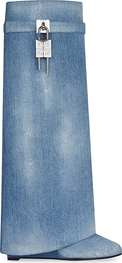 Women's Shark Lock Boots in Washed Denim - Medium Blue - Size 11