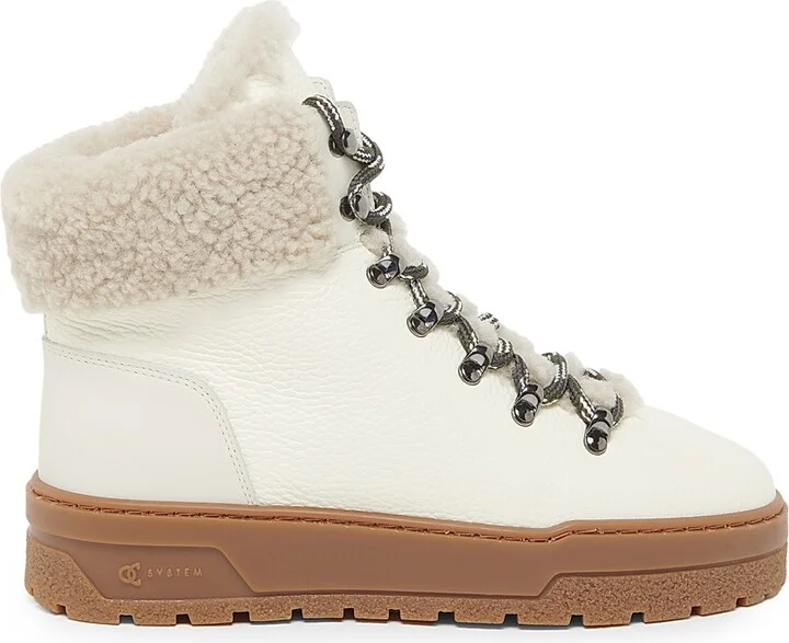 Women's Shearling-Trimmed Leather Platform Ankle Boots - Ice - Size 6