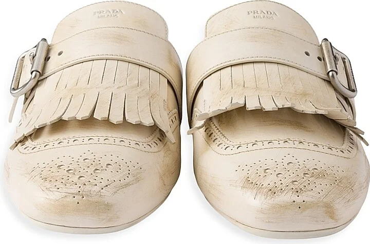 Women's Shuffle Fringed Leather Mules - Beige Khaki - Size 7 - Image 2