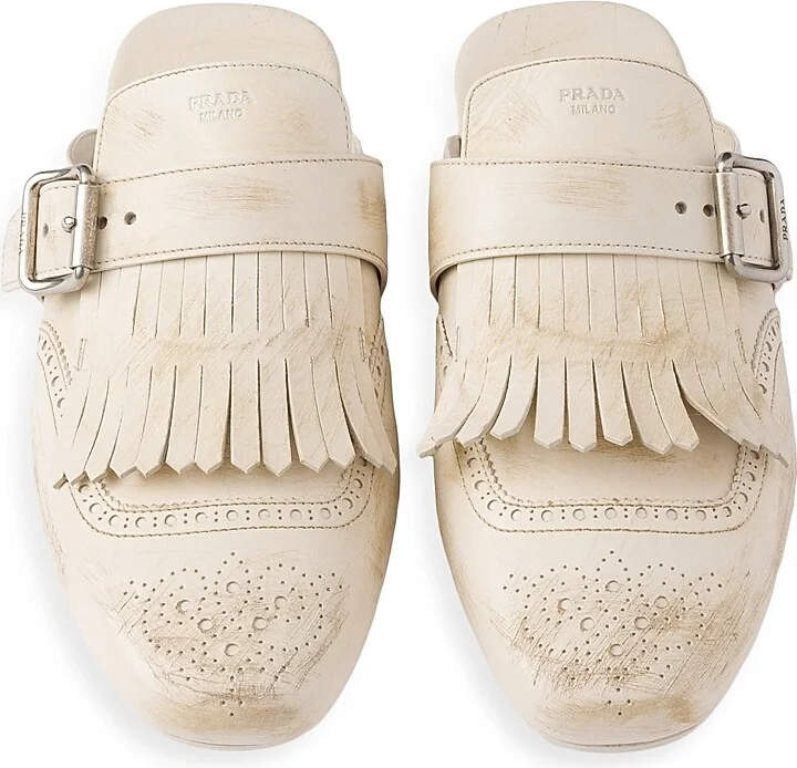 Women's Shuffle Fringed Leather Mules - Beige Khaki - Size 7 - Image 3