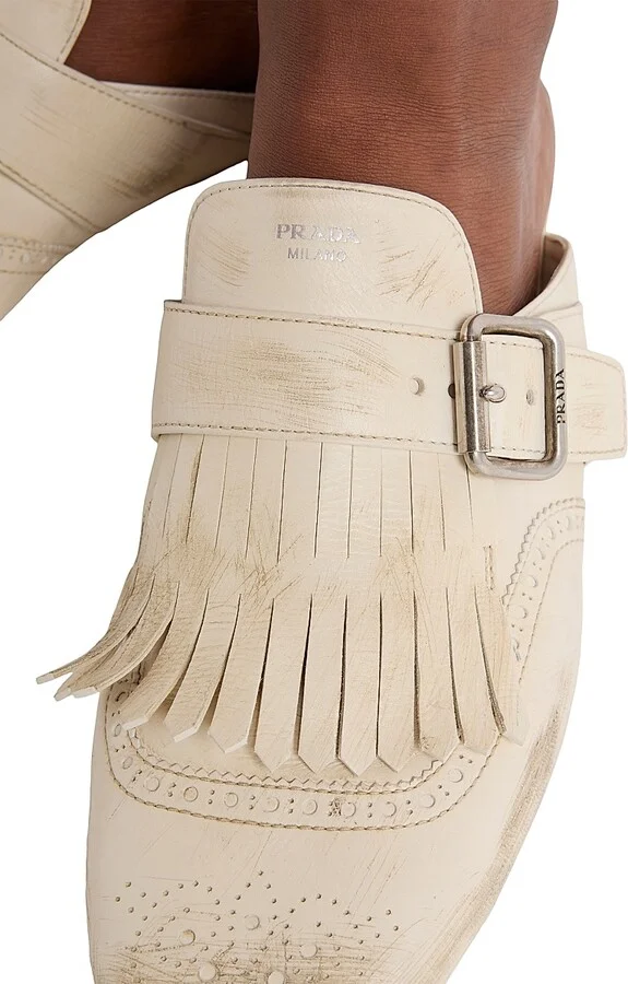 Women's Shuffle Fringed Leather Mules - Beige Khaki - Size 7 - Image 5