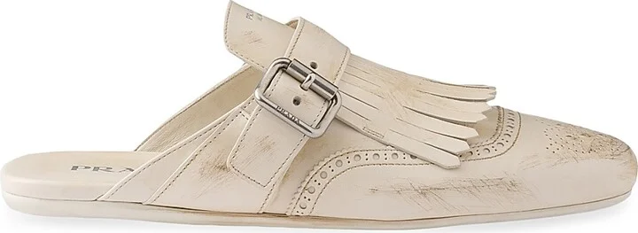 Women's Shuffle Fringed Leather Mules - Beige Khaki - Size 7