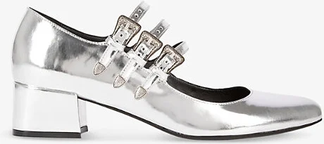 Womens Silver Buckle-Embellished Leather Mary Jane Heels Eur 36 / 3 Uk Women