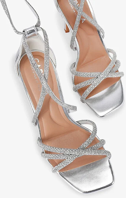 Womens Silver Paparazzi Tie Crystal-Embellished Metallic Faux-Leather Heels Eur 37 / 4 Uk Women - Image 2
