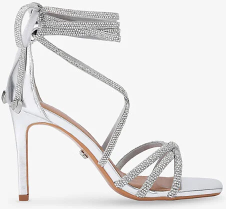 Womens Silver Paparazzi Tie Crystal-Embellished Metallic Faux-Leather Heels Eur 37 / 4 Uk Women