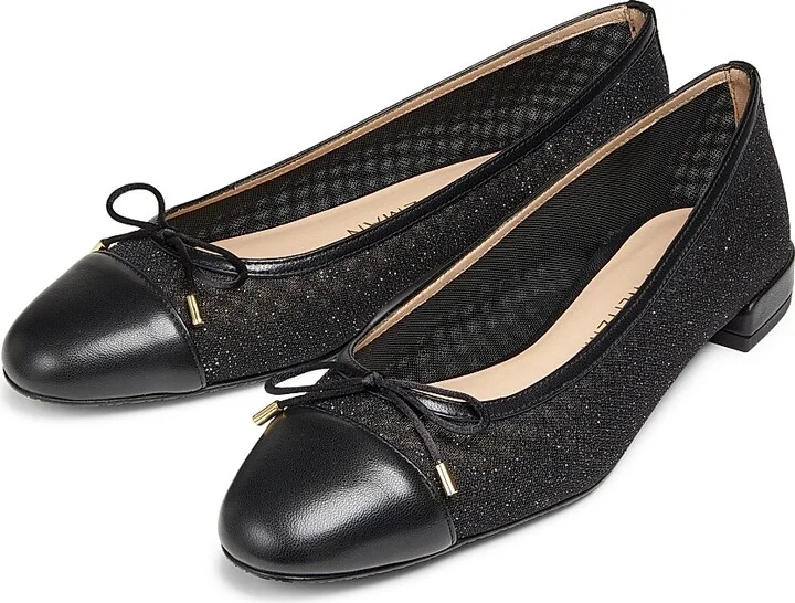 Women's Sleek Bow Leather-Trimmed Sparkle Mesh Flats - Black - Size 10 - Image 2