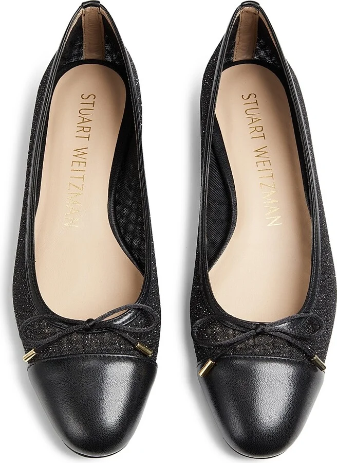 Women's Sleek Bow Leather-Trimmed Sparkle Mesh Flats - Black - Size 10 - Image 4