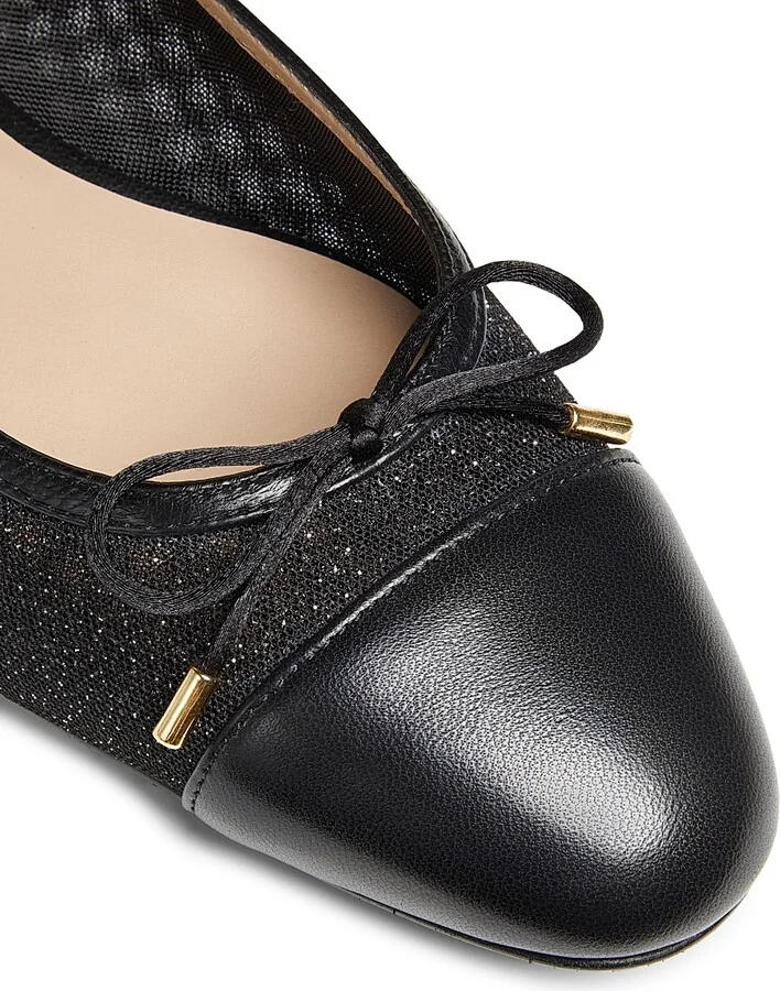 Women's Sleek Bow Leather-Trimmed Sparkle Mesh Flats - Black - Size 10 - Image 5