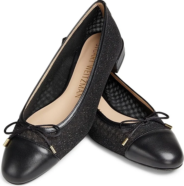 Women's Sleek Bow Leather-Trimmed Sparkle Mesh Flats - Black - Size 10 - Image 6