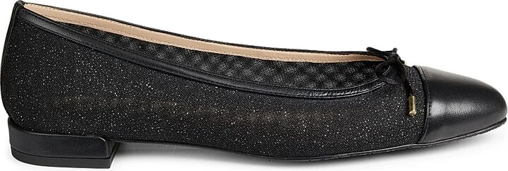 Women's Sleek Bow Leather-Trimmed Sparkle Mesh Flats - Black - Size 10