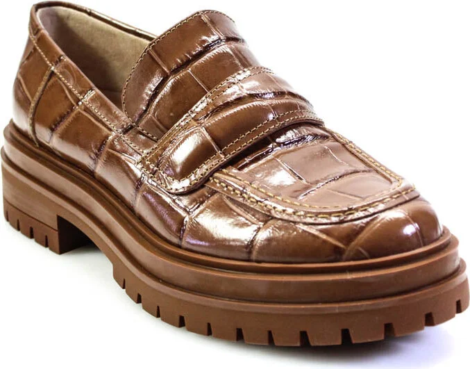 Womens Slip On Croc Embossed Loafers Brown Leather
