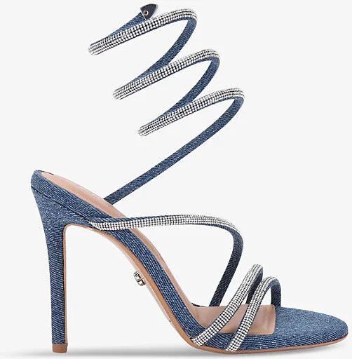 Womens Spiral Crystal-Embellished Denim Heeled Sandals Eur 41 / 8 Uk Women
