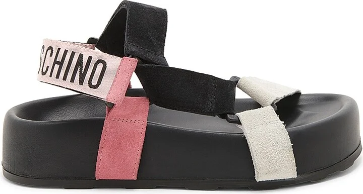 Women's Sporty Leather Sandals - White Black Pink - Size 6