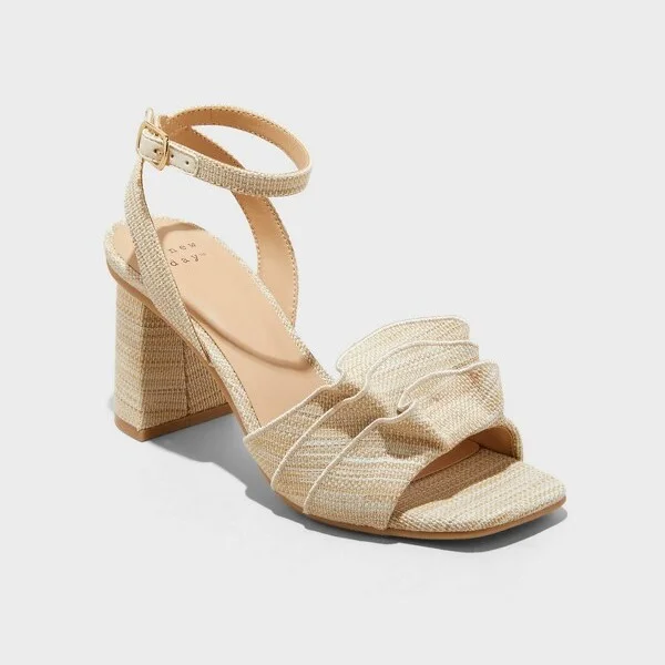 Women's Stassi Raffia Ruffle Heels - A New Day™ Beige : Block Heel, Adjustable Buckle, Memory Foam