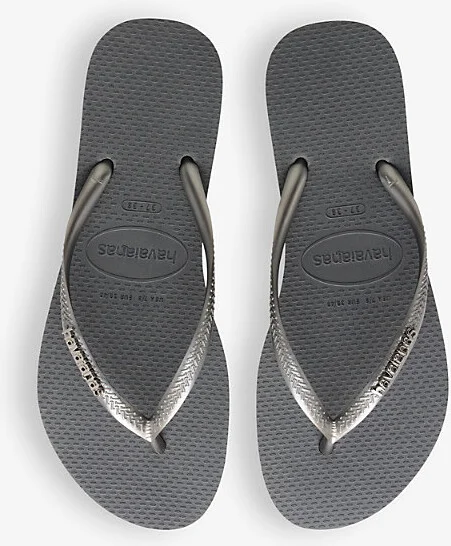 Womens Steel Grey Slim Metallic Rubber Flip-Flops 3/4 - Image 2