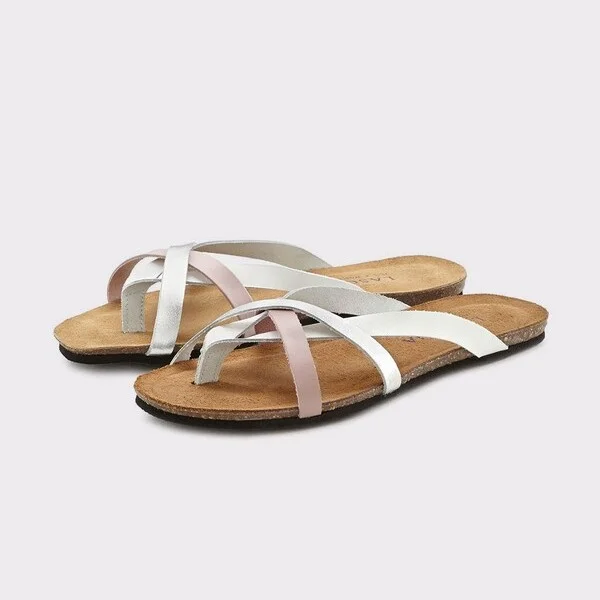Women's Strap Detail Leather Sandals - LASCANA - White Rose Solid