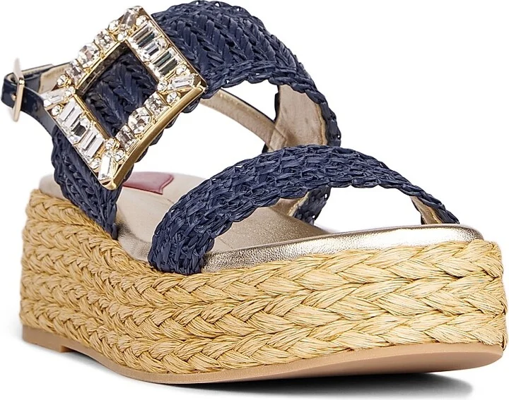 Women's Strass Buckle 60MM Raffia Wedge Sandals - Blue - Size 5 - Image 2