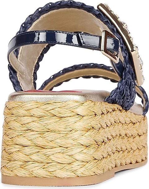Women's Strass Buckle 60MM Raffia Wedge Sandals - Blue - Size 5 - Image 3