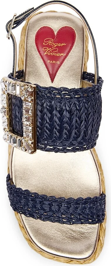 Women's Strass Buckle 60MM Raffia Wedge Sandals - Blue - Size 5 - Image 4