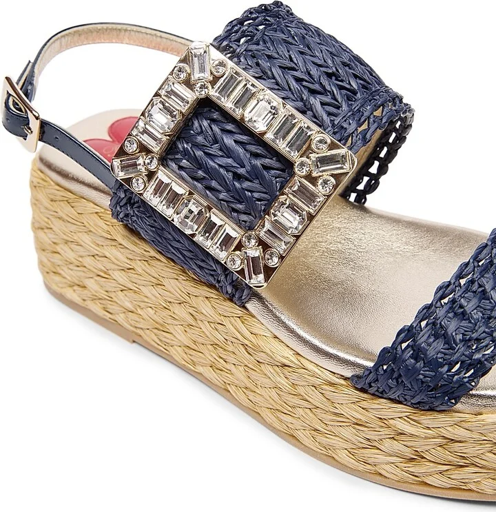 Women's Strass Buckle 60MM Raffia Wedge Sandals - Blue - Size 5 - Image 5