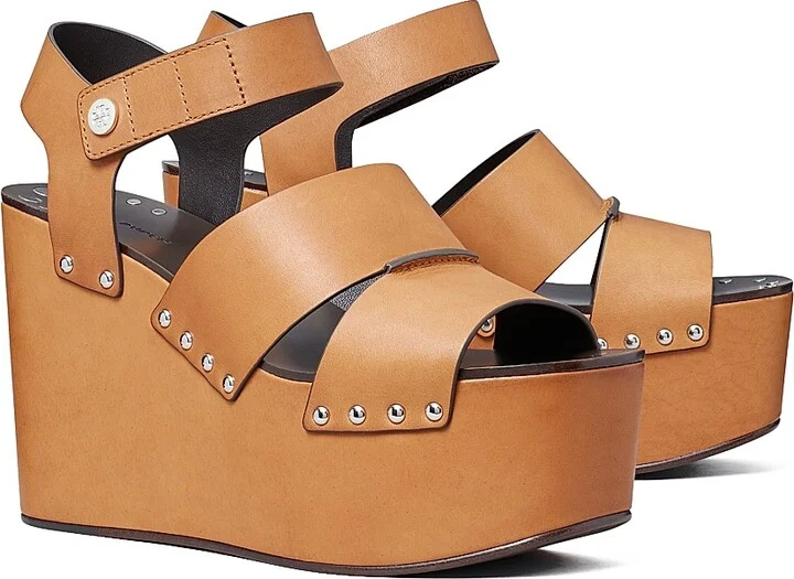 Women's Studded 110MM Leather Platform Wedge Sandals - Camello - Size 10 - Image 2