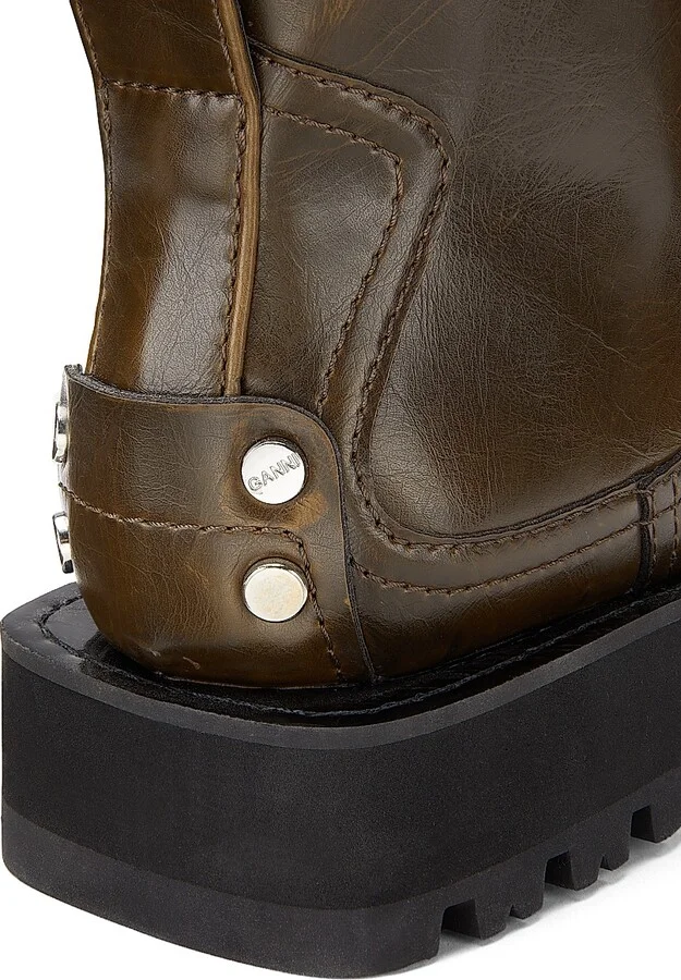 Women's Studs Crinkle Faux-Leather High Boots - Dark Olive - Size 5 - Image 5