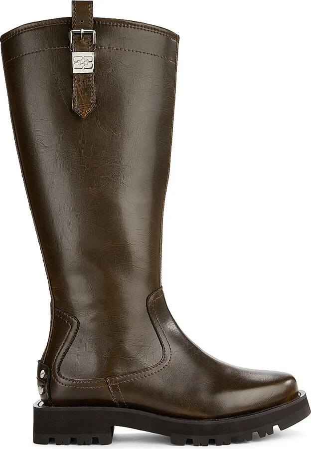 Women's Studs Faux Leather High Boots - Dark Olive - Size 5