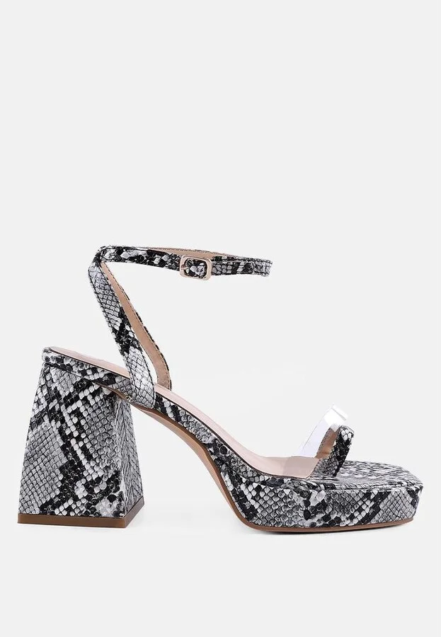 Womens Such Flirt Snake Print Triangular Block Heel Sandals