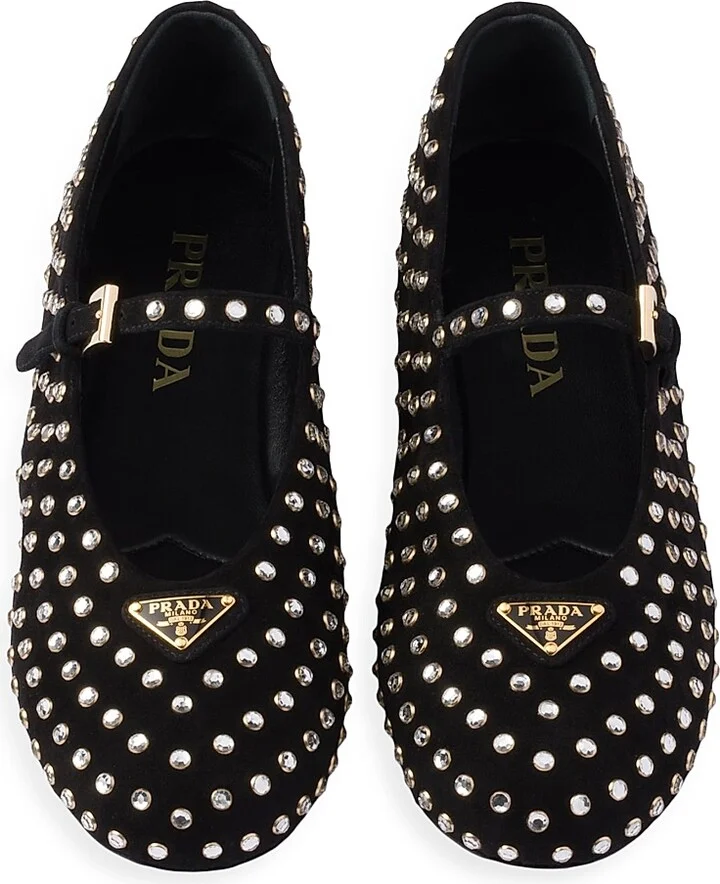 Women's Suede Ballerinas with Crystals - Black - Size 7 - Image 2