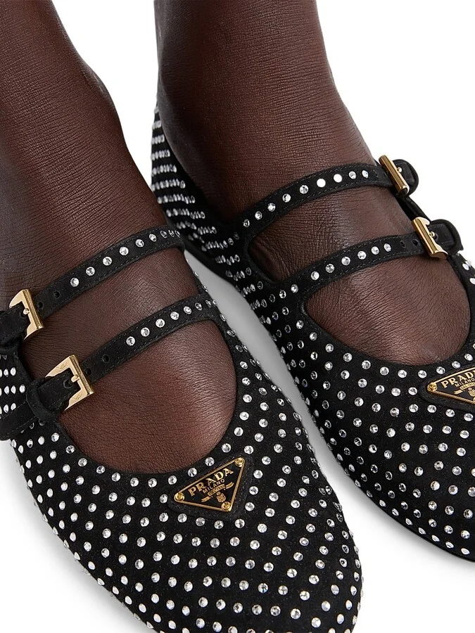 Women's Suede Ballerinas with Crystals - Black - Size 7 - Image 2