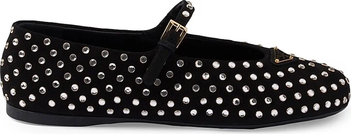 Women's Suede Ballerinas with Crystals - Black - Size 7
